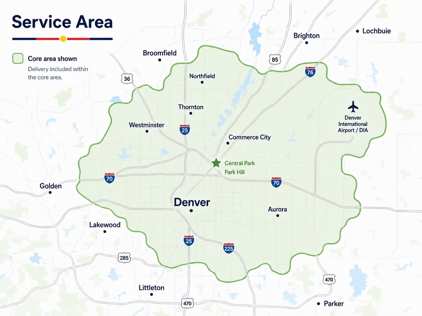 CPH Mobility Rentals service area map covering Central Park, Park Hill, NE Denver and surrounding areas